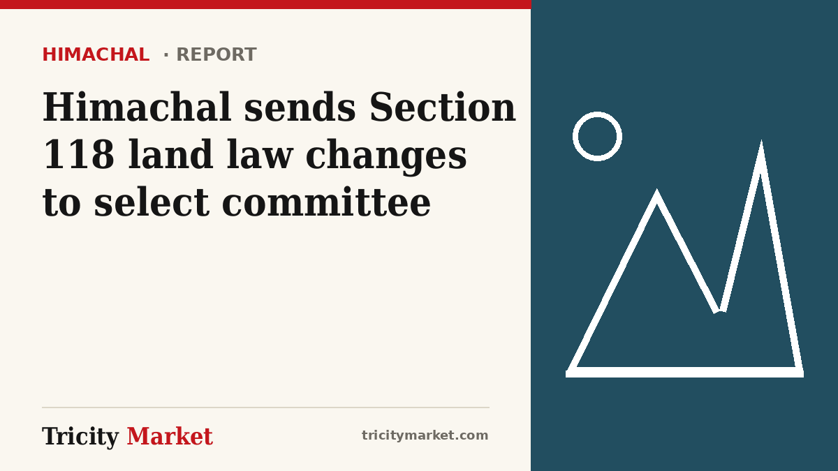 Tricity Market graphic with the headline: Himachal sends Section 118 land law changes to select committee